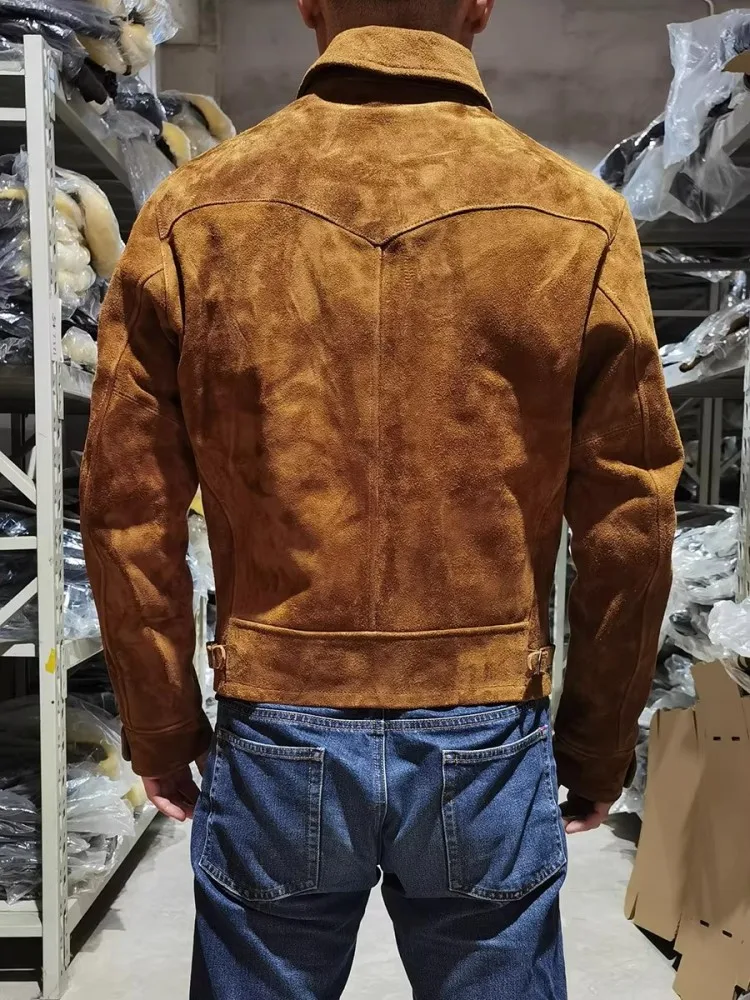 Luxury Males Genuine Leather Suede Jacket Coat Turndown Collar Single Breasted Three Pocket Slim Fit Business Casual Outerwear