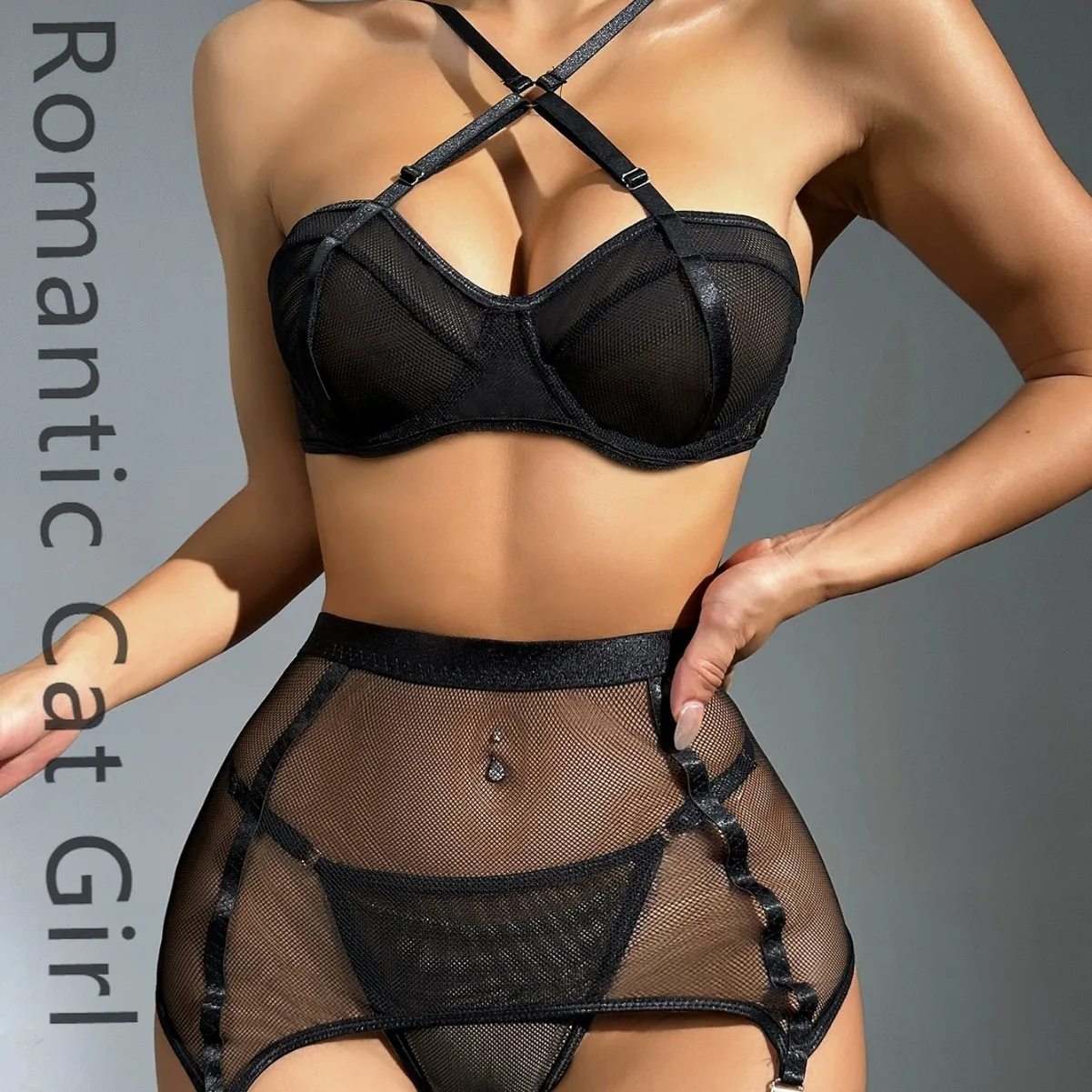 

2025 new European and American women's sexy bra transparent mesh steel ring gathering onesie cross scarf set