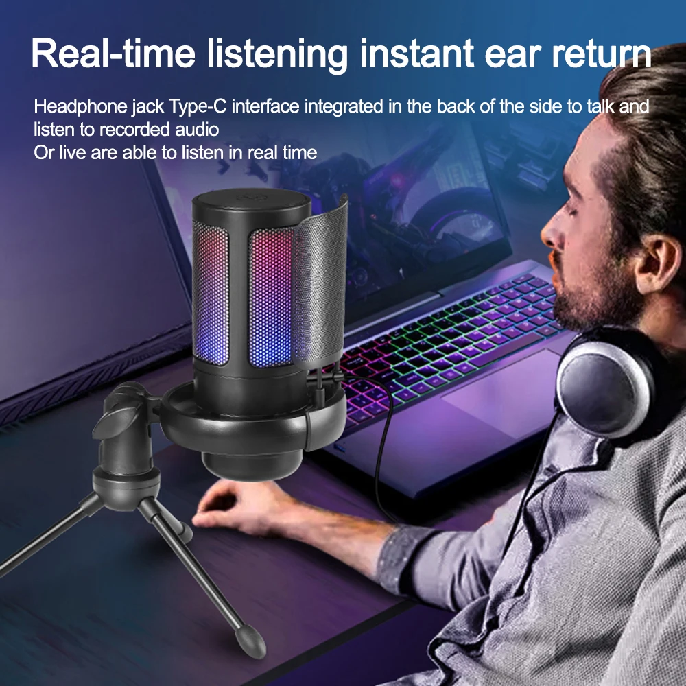 ميكروفون مكثف للحد من الضوضاء مزود بمنفذ USB ومزود بحامل ثلاثي القوائم مخصص للألعاب والجري وميكروفون للصدمات مناسب لأجهزة الكمبيوتر المحمولة الخاصة بالكمبيوتر