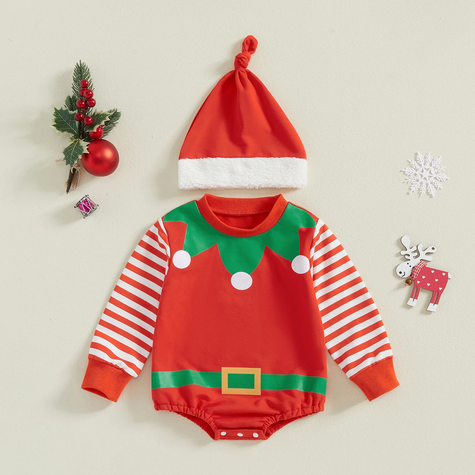 

BeQeuewll Baby Girls Romper Christmas Newborn Clothes Cute Santa Claus Striped Long Sleeve Infant Sweatshirt Bodysuit Hat Sets