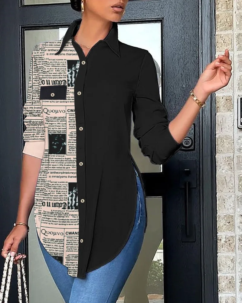 Autumn Casual Shirt Women Turn Down Collar Print Long Sleeve Shirts Loose Casual Split Blouse Button Tops Office Ladies