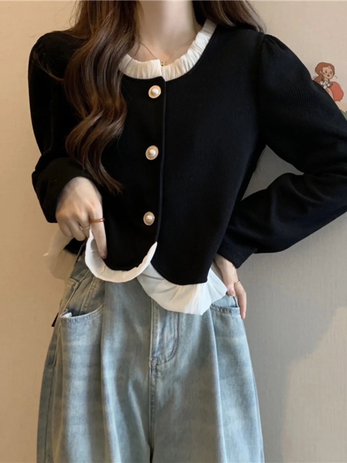 

Black Long Sleeve Shirt Women's Spring plus Size Fat MM Anti-Aging Small Shirt Slimming Splice Chiffon Top Commute Style Kore...