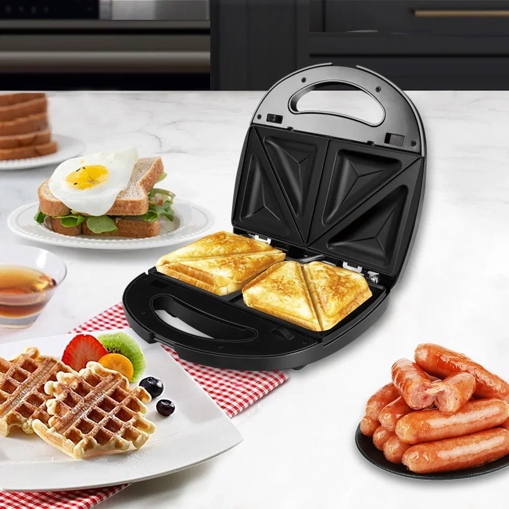 ماكينة صنع الوافل 3 في 1 بقدرة 1000 وات من الفولاذ المقاوم للصدأ ماكينة صنع الإفطار غير لاصقة مع الوافل والساندويتش وأطباق بانيني