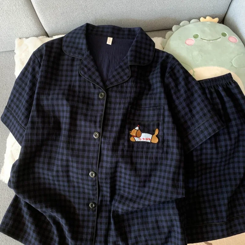 Embroidery Dog Sleepwear Fashion Cute Pajamas Set for Women Plaid Lapel Elastic Waist Design Pajamas Short Casual Nightwear