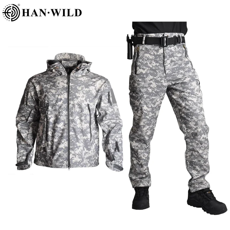 

Hiking Tactical Softshell Suit Winter Fleece Uniform Waterproof Men Jacket Pants Windproof Thermal Camping Sets Windbreaker Tops