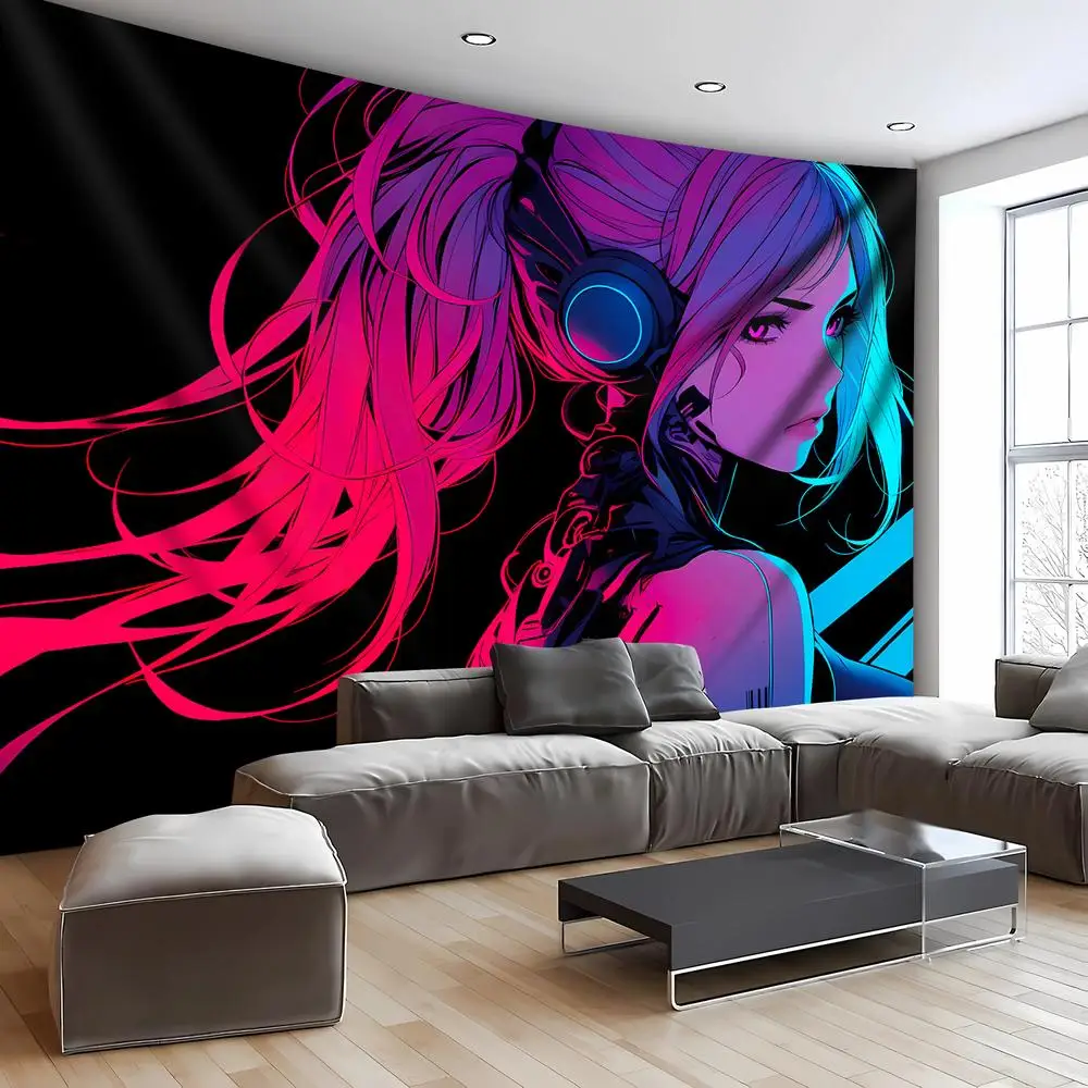 Cyberpunk Girl Tapestry, Neon Headphones Gamer Wall Hanging, Anime E-sports Room Decor, Cool Tech Background for Bedroom