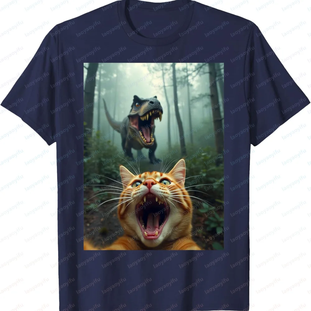 Funny Cat Selfie with T-Rex Dinosaur T-Shirt Men Women Casual Cotton Novelty Animal Graphic Print Short Sleeve Tops Streetwear