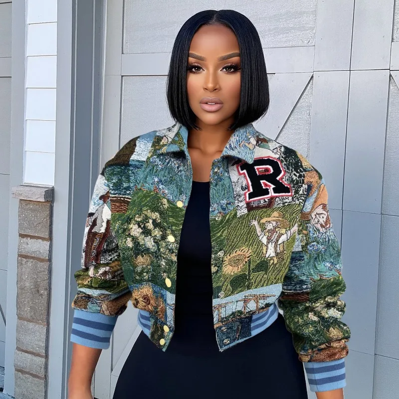 Women Fashion Vintage Letter Embroidery Jacquard Varsity Jacket Turn Down Collar Long Sleeve Single Breasted Baseball Coat Tops