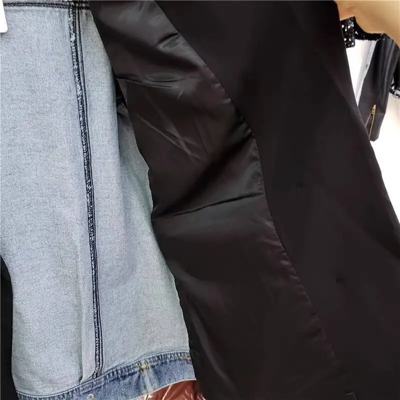 Anjy outono nova moda feminina coreano versátil cor-bloco personalidade denim retalhos blazers casuais streetwear chique ins a16435