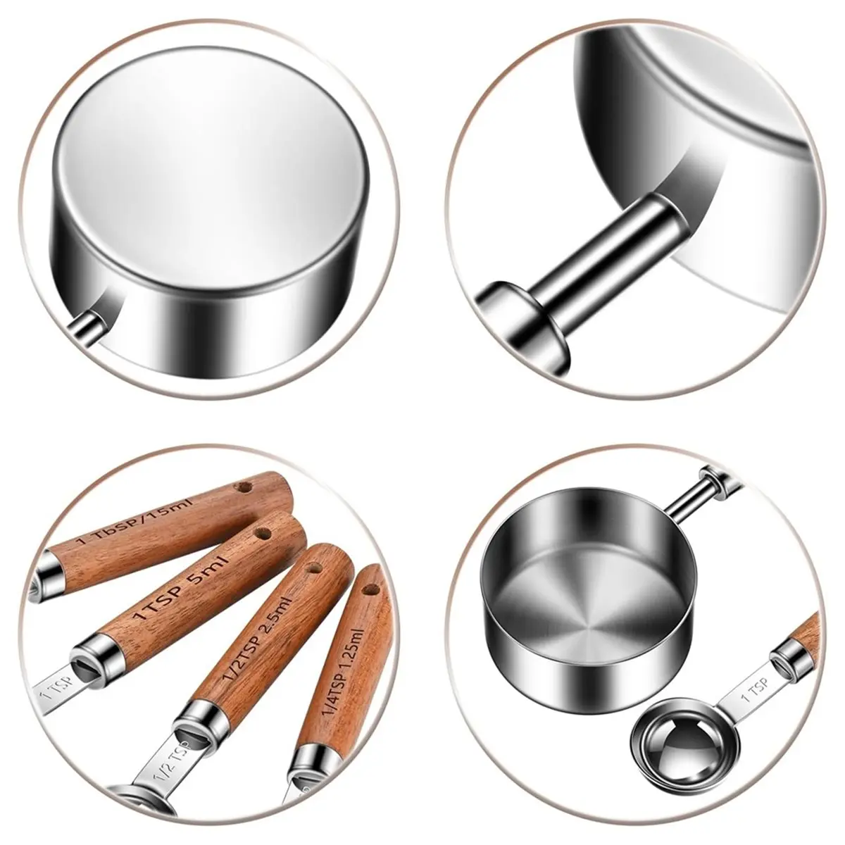 Stainless Steel Measuring Cups and Spoons Set of 8, Stackable Wooden Handle Metal Measuring Cup & Spoon Set