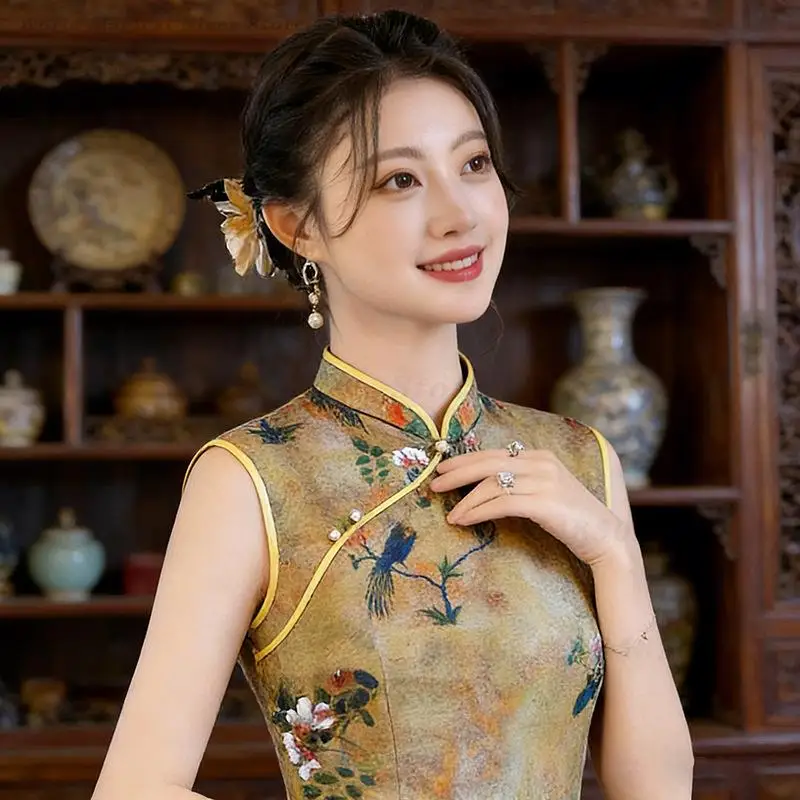 Chinese Style Dress Elegant Young Ladies Daily Cheongsam New Summer Sleeveless Long Modified Qipao Old Shanghai Retro Dress