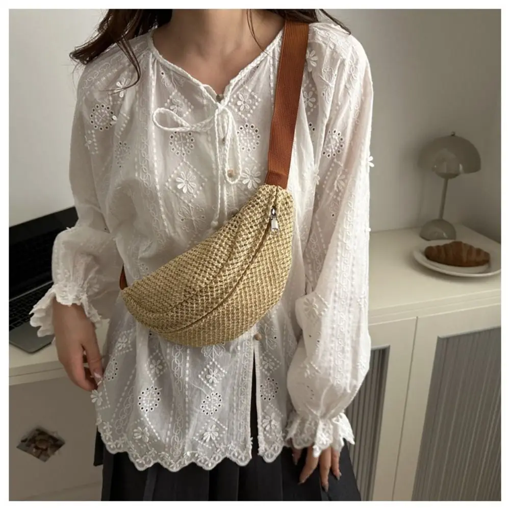 Half Moon Straw Woven Bag Large Capacity Pocket Phone Bag Woven Handbag Phone Holder Anti-theft Adjustable Sports Pouch Men
