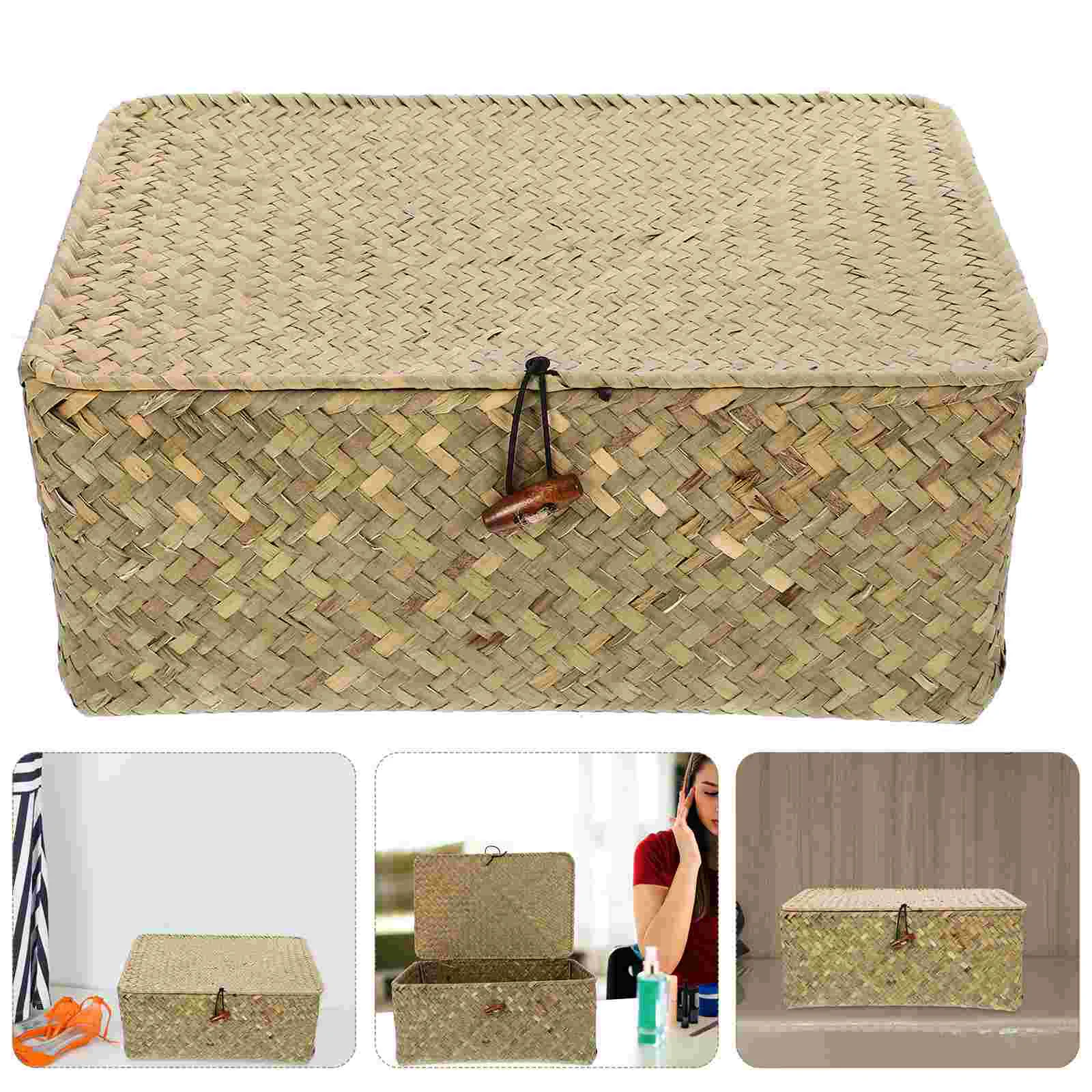 

Straw Basket with Lid Rattan Woven Basket Desktop Clothes Sundries Storage Box for Bedroom Home Decor (L)