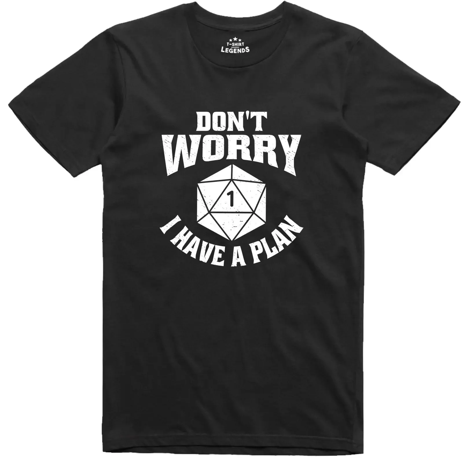 May include Black t shirt with a white graphic of dice the number 1 and text Don't Worry I Have Plan vintage Washed Stylish