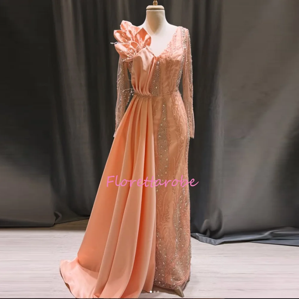 

Gorgeous Mermaid Prom Dresses V Neck Long Sleeves Lace Appliques Crystal Beaded Hand Made Flowers Evening Gowns Customized