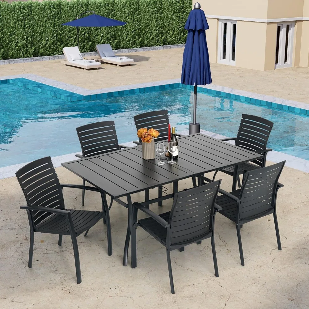 Outdoor Metal Frame Rectangle Patio Dining Table with Slat Top and Umbrella Hole 63