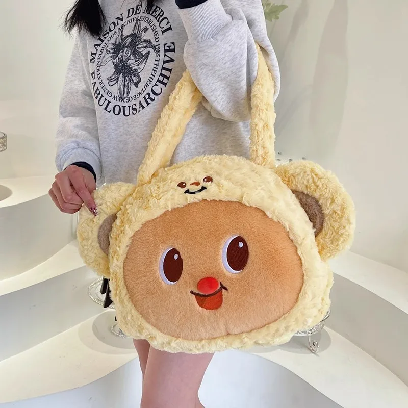 

Cute Butter Bear Big Face Handbag Women Plush Large Capacity Shoulder Bags Ladies Anime Transparent Soft Lolita Mochilas Mujer