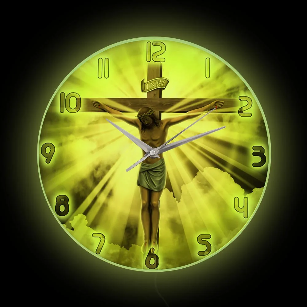 

Jesus Christ On Cross LED Lighting Wall Clock Good Friday Calvary Neon Sign Christian God Prayer Home Decor Clock Glow In Dark