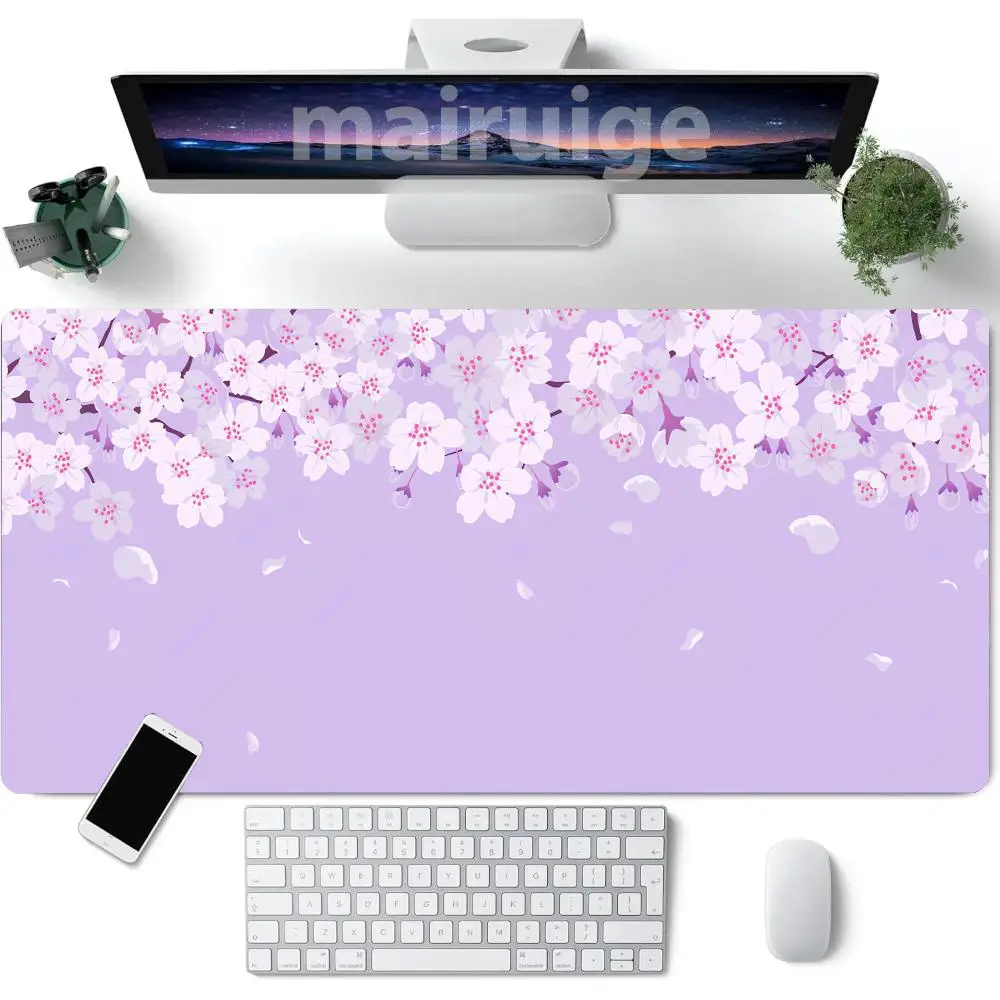 Фиолетовый коврик для мыши Sakura Girly, большой коврик для компьютерной офисной игры, настольный коврик XXL, резиновые противоскользящие прошитые коврики для клавиатуры ПК, длинные настольные коврики