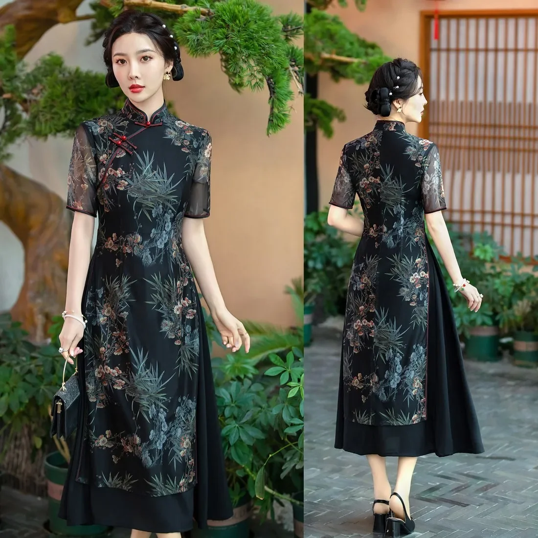 

2024 New Arrival Chinese Cheongsam Black Print Flower Ao Dai Qipao Plus Size 4XL Casual Dresses Vintage Mandarin Collar Qipaos