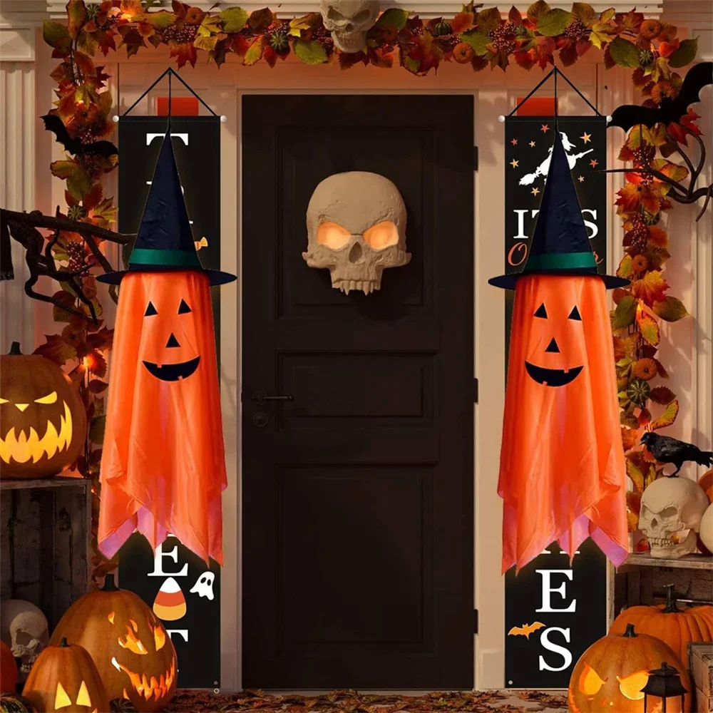 1pc Halloween Decorations for Home, Pre-Installed Orange Pumpkins Wizard Hat Outdoor Fall Decor, Hanging Pumpkin Witch H
