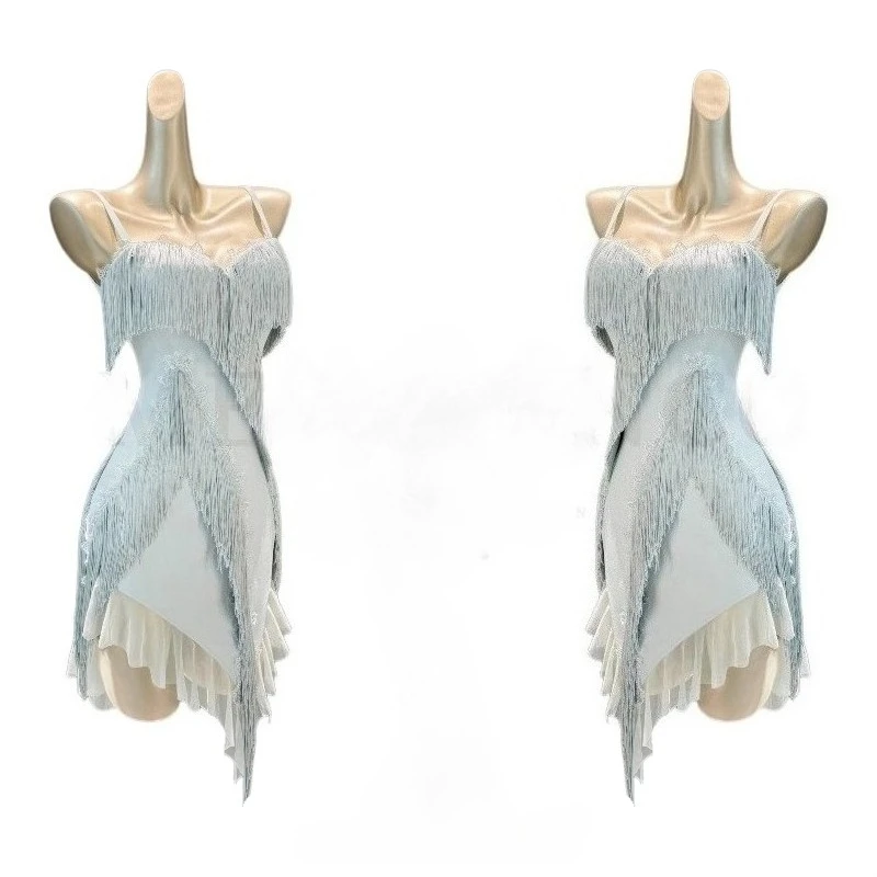 

Latin dance dress stage Latin dance dress women's professional training suit mesh girls social dance irregular tassel group