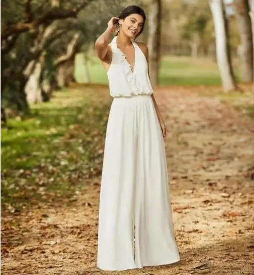 Backless Wedding Jumpsuit Wedding Dresses A-line Halter Chiffon Boho Wedding Gown Bridal Jumpsuit Vestidos De Novia