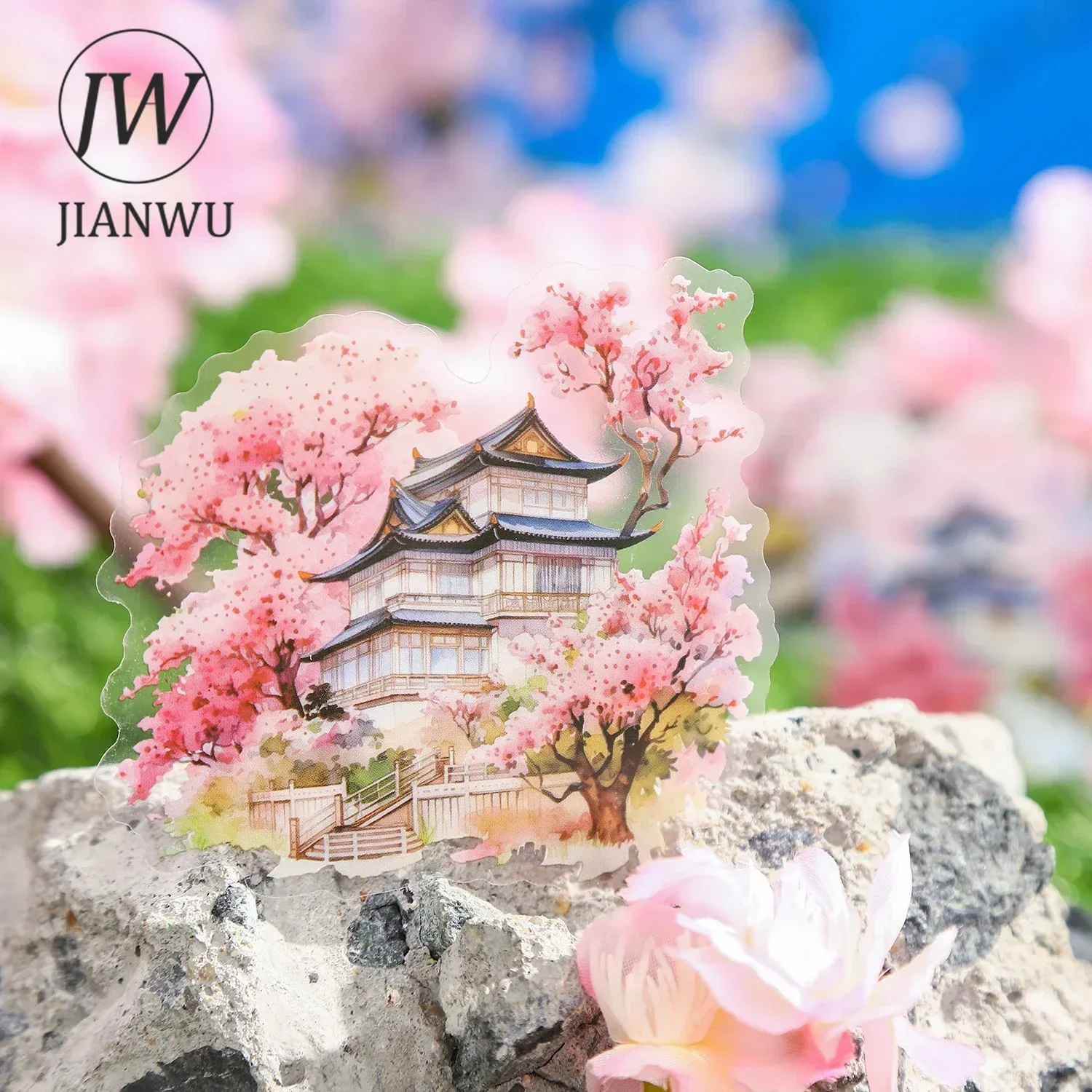 JIANWU All Over The Mountain and Plains Series Cherry Blossoms Landscaping Collage PET Sticker Creative DIY Journal Stationery