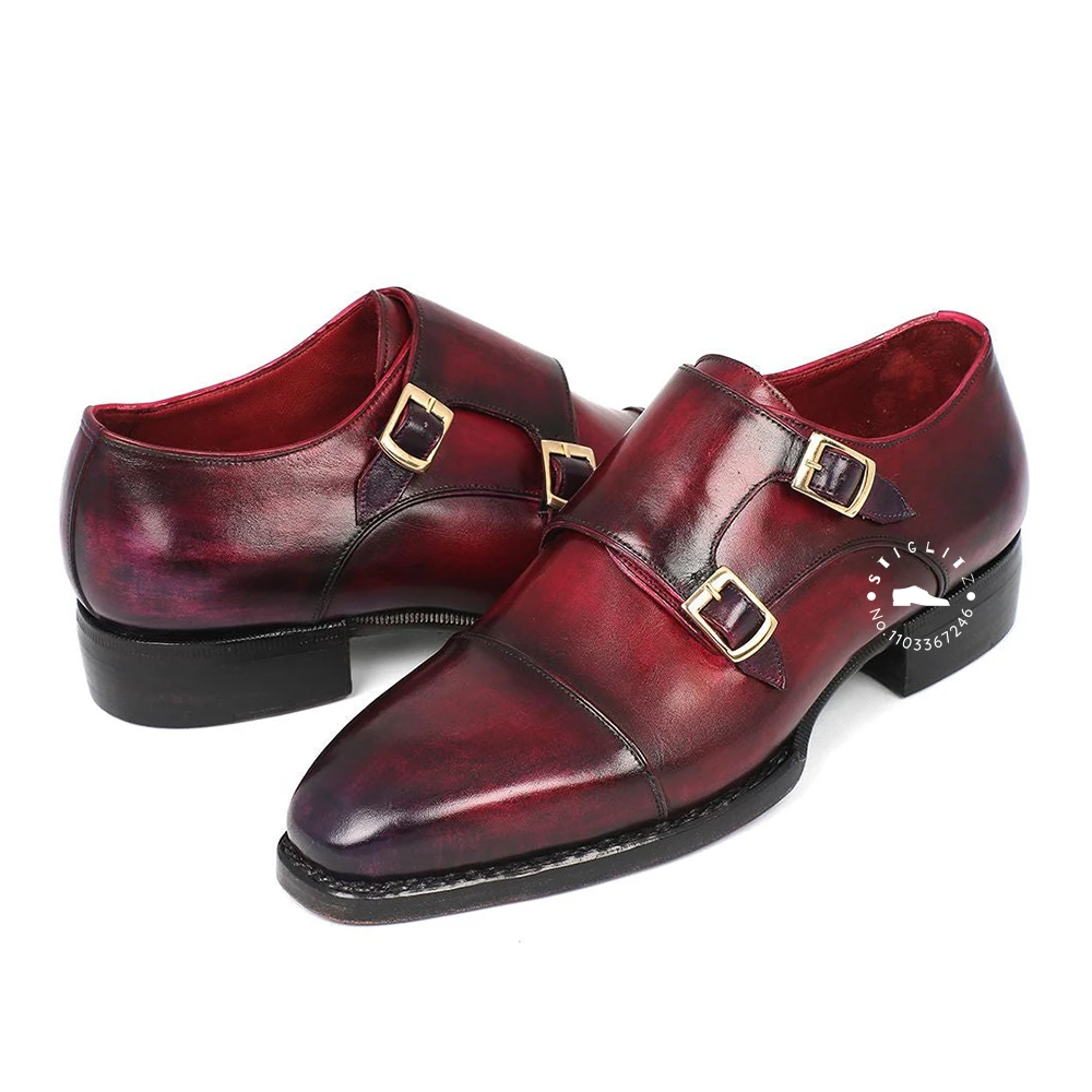 Double Monk Strap Handmade Shoes Cap Toe Hand Painted Oxford Shoes Designer Style Luxury Leather Shoes Buckle Almond Derby Shoes