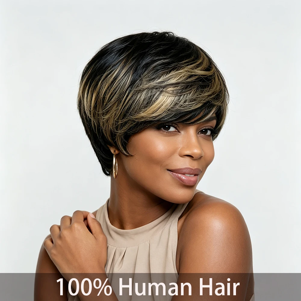 Human Hair Pixie Cut Wig for Women Fully Machine Made 6 Inch 150% Density Brazilian Virgin Human Hair Short Layered Wig 1B/30 Colors