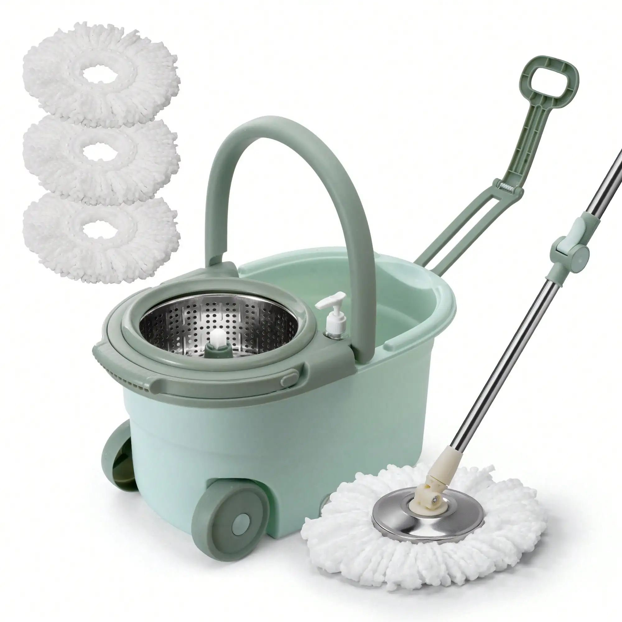 

360 Spin Mop Bucket System with Wringer - Stainless Steel Hands-Free Microfiber Mop for Hardwood Tile Floors, Easy Clean Kit
