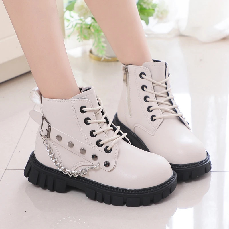 Girls Short Boots Black Chains Versatile Cool Britain Style Fashion Children Casual Boots PU Simple Non-slip Kids Shoes for Boys