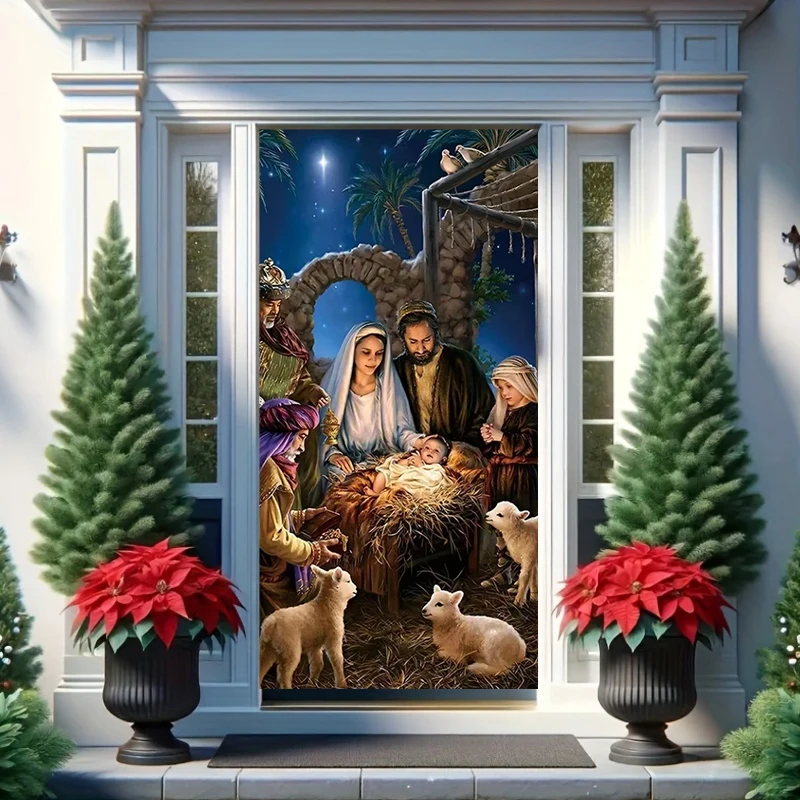Jesus Theme Photography Background with Luminous Stars Crib Durable Door Cover Decoration New Year\'s Party Props Gift Supply