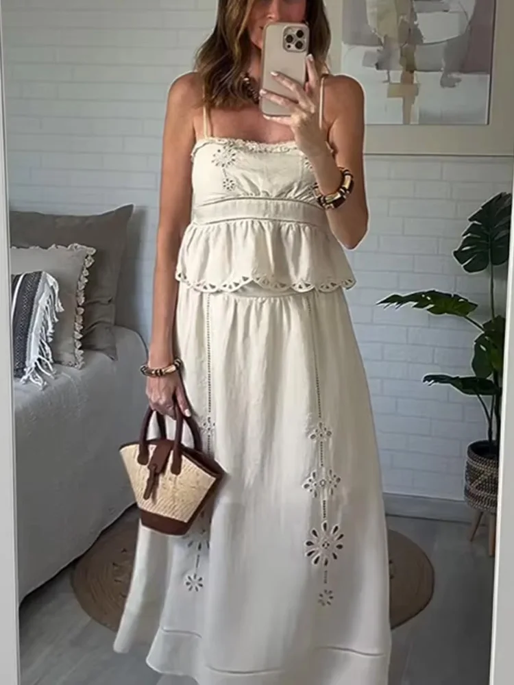 

HH летний женский однотонный костюм с юбкой, шикарный короткий топ без рукавов с вышивкой на бретельках + модная юбка-миди трапециевидной формы с эластичной резинкой на талии