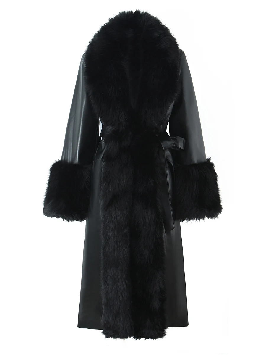 

Ele Bla Fur Collar Mid-Length Women's Leather Jaet Waist-Cinching Slimming Belted Preppy Sle Outerwear