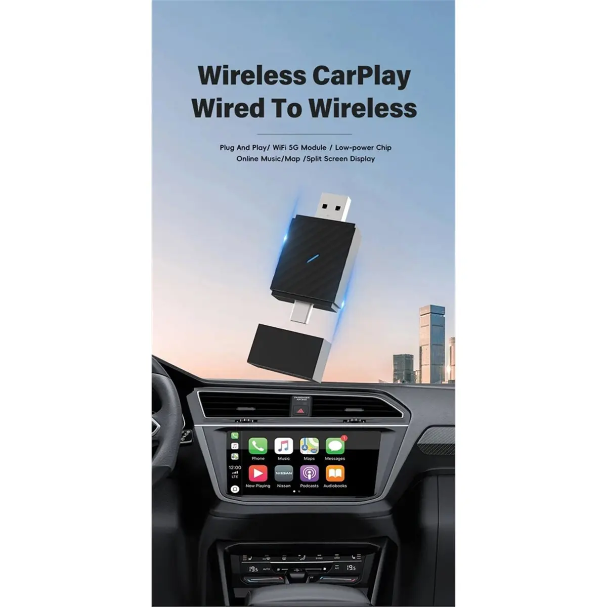 [VALUE PACK]Wireless CarPlay Adapter, Convert Wired to Wireless, Plug&Play USB A/Type C for Cars That Built-in Wired Car Play