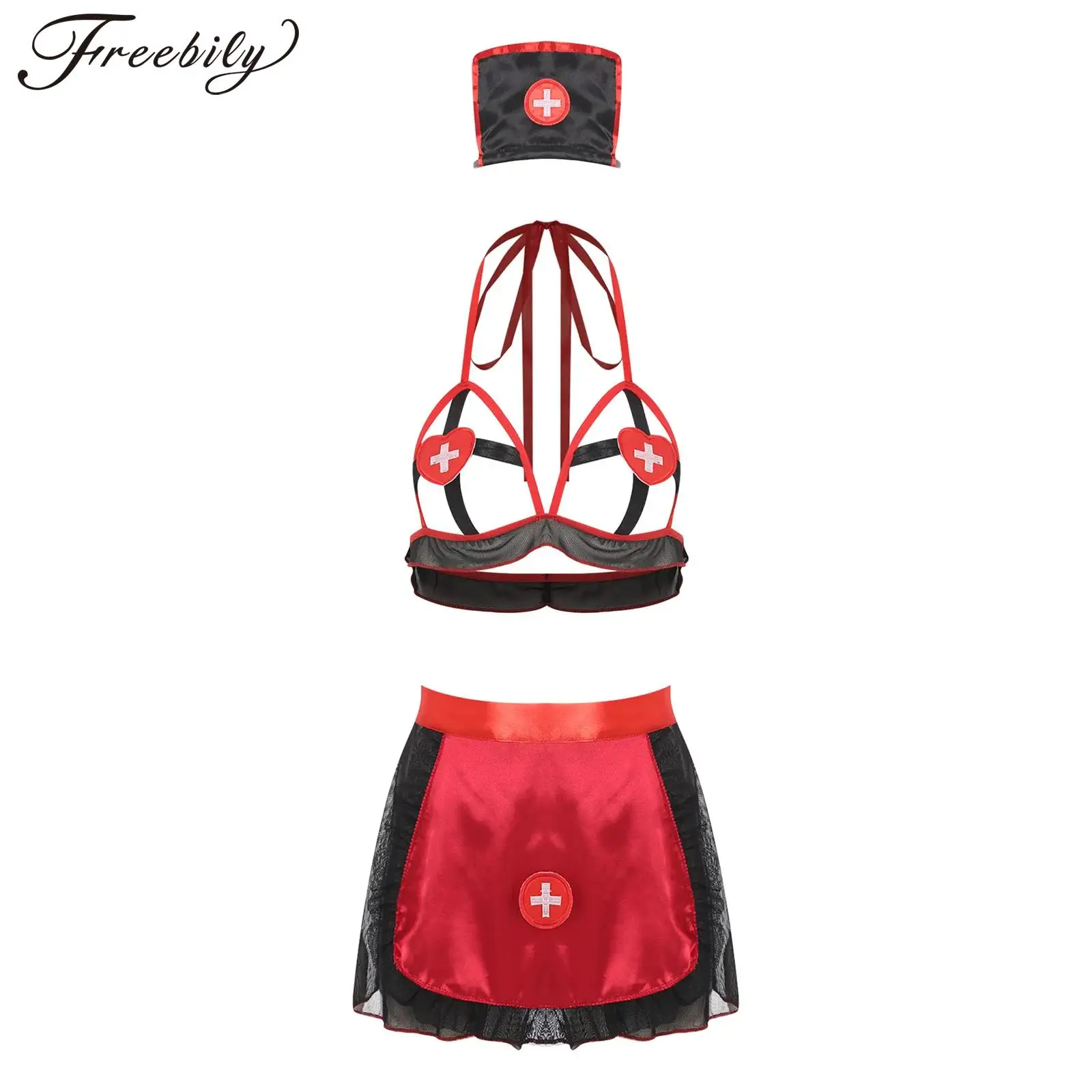 

Women Halloween Nurse Cosplay Costume Hollow-Out Bra Skirt G-string Nurse's Cap Set Fun Exotic Night Lingerie Rave Dancewear