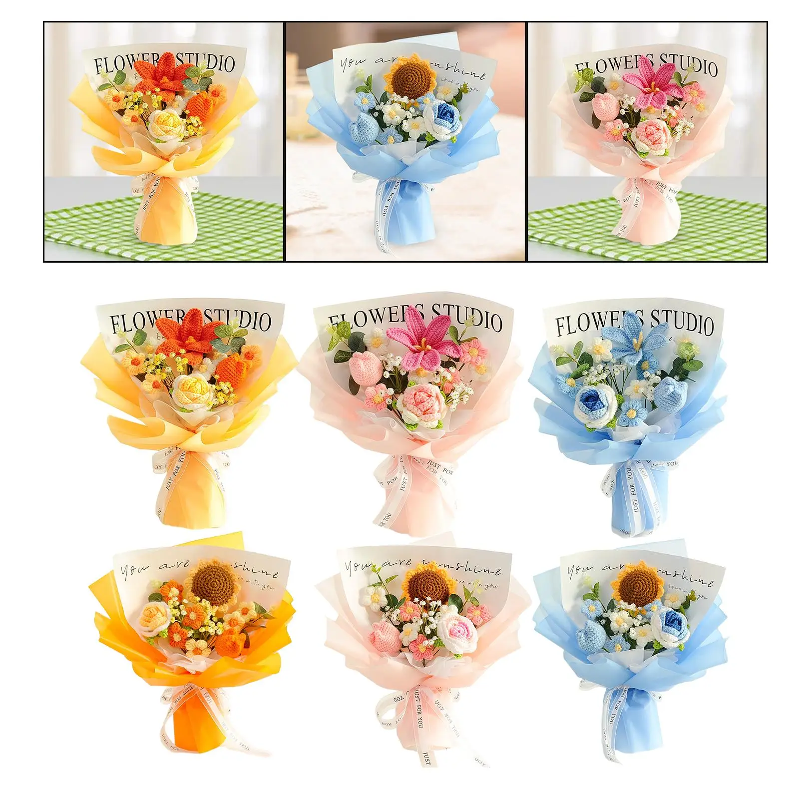 Ramo de flores de ganchillo ya hecho, ramo de flores de ganchillo completo, ramo creativo tejido a mano para boda, hogar, cafetería, fiesta