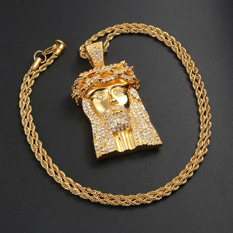 

Hip Hop 5A+ CZ Stone Paved Bling Ice Out Thorns JESUS PIECE Pendants Necklaces for Men Rapper Jewelry Gold Silver Color