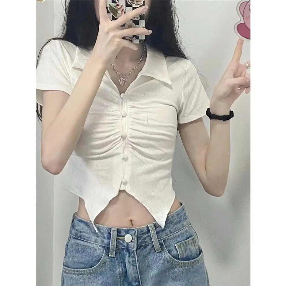 Słodka i fajna koszulka polo z klapami Biała koszulka z krótkim rękawem dla kobiet w lecie Nowe gorące dziewczyny Slim Short Navel Top Trendy