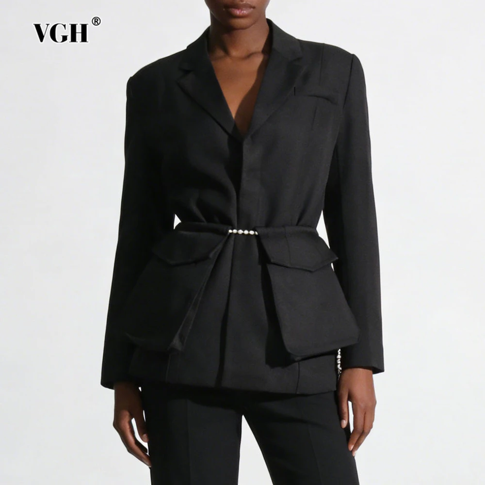 VGH Design Sense Solid Slimming Blazers For Women Lapel Long Sleeve Spliced Pockets Autumn Temperament Jackets Female Fashion