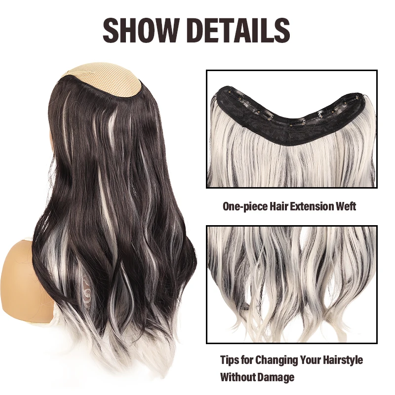 Silver Gray Ombre Clip In Hair Extensions Synthetic Wig Piece For Instant Long Hair Lengthening And Style Change