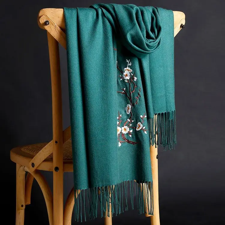 New Arrived Winter Warm Solid Scarf For Women/Lady  Soft Wool Pashmina Shawls Flower Embroidery Cashmere Female Wraps Capes