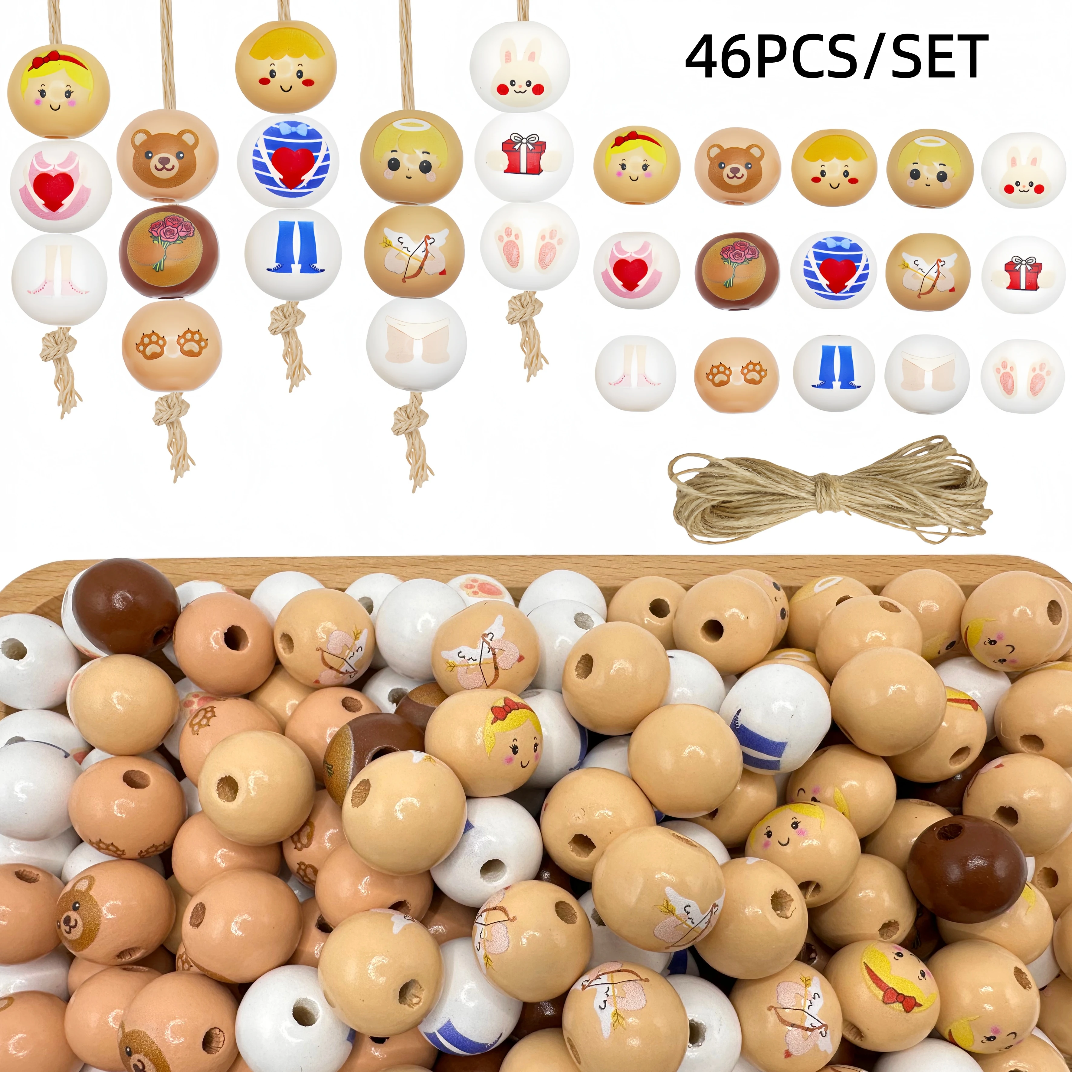 46PCS/76PCS Cupid Boys & Girls Valentine's Day Theme DIY Bead Set, DIY Enthusiast Gifts, Festival Decoration Wooden Bead Crafts