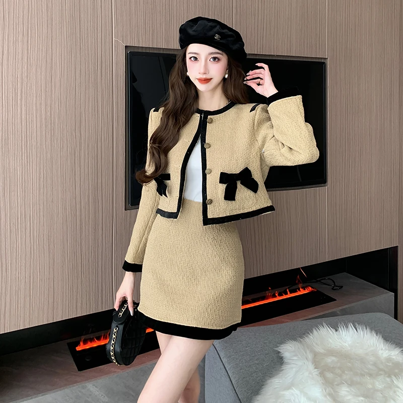 Insozkdg Fashion Elegant Two Piece Sets Small Fragrance Bow Jacket Cropped Coat + High Waist Mini Skirts Suits Womens Outfits