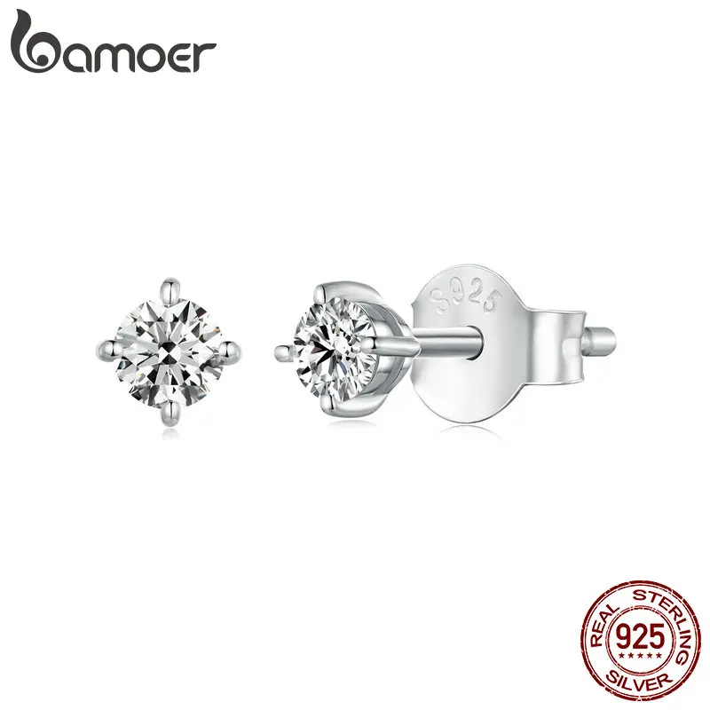 Bamoer 925 스털링 실버, 심플한 라운드 모이사나이트 스터드 귀걸이, 클래식 약혼 웨딩 파인 주얼리 선물, MSE038