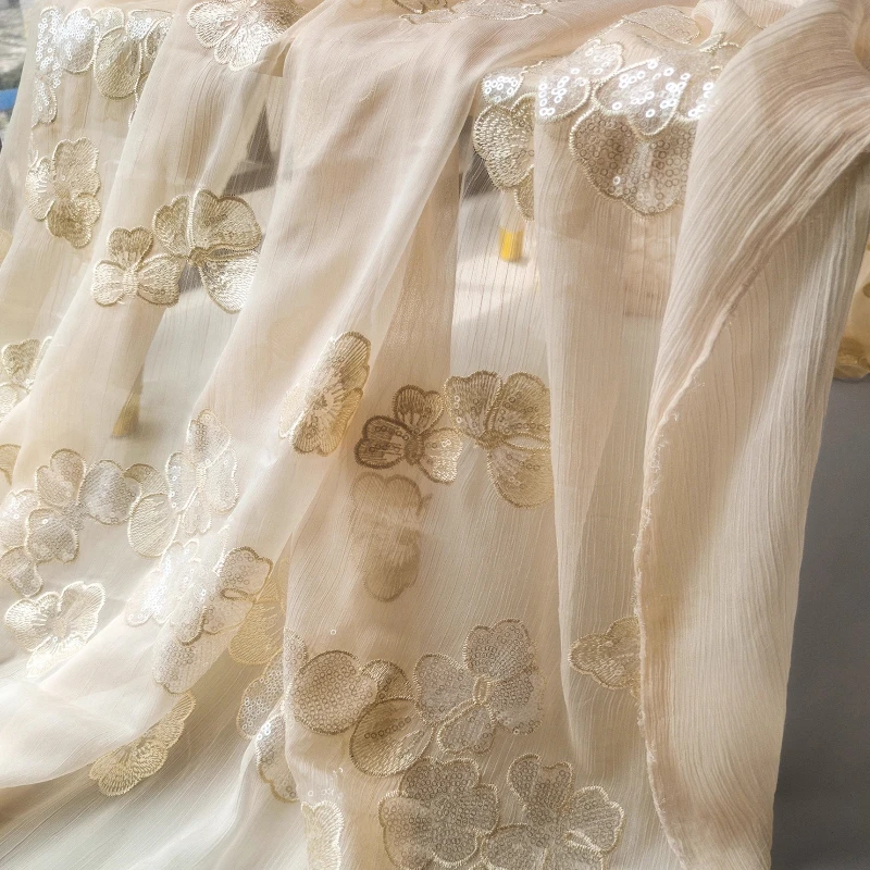Four Leaf Clover Silk Wrinkled Sequin Embroidered Fabric Retro Dress Hanfu Translucent Lightweight Clothing Designer Fabric