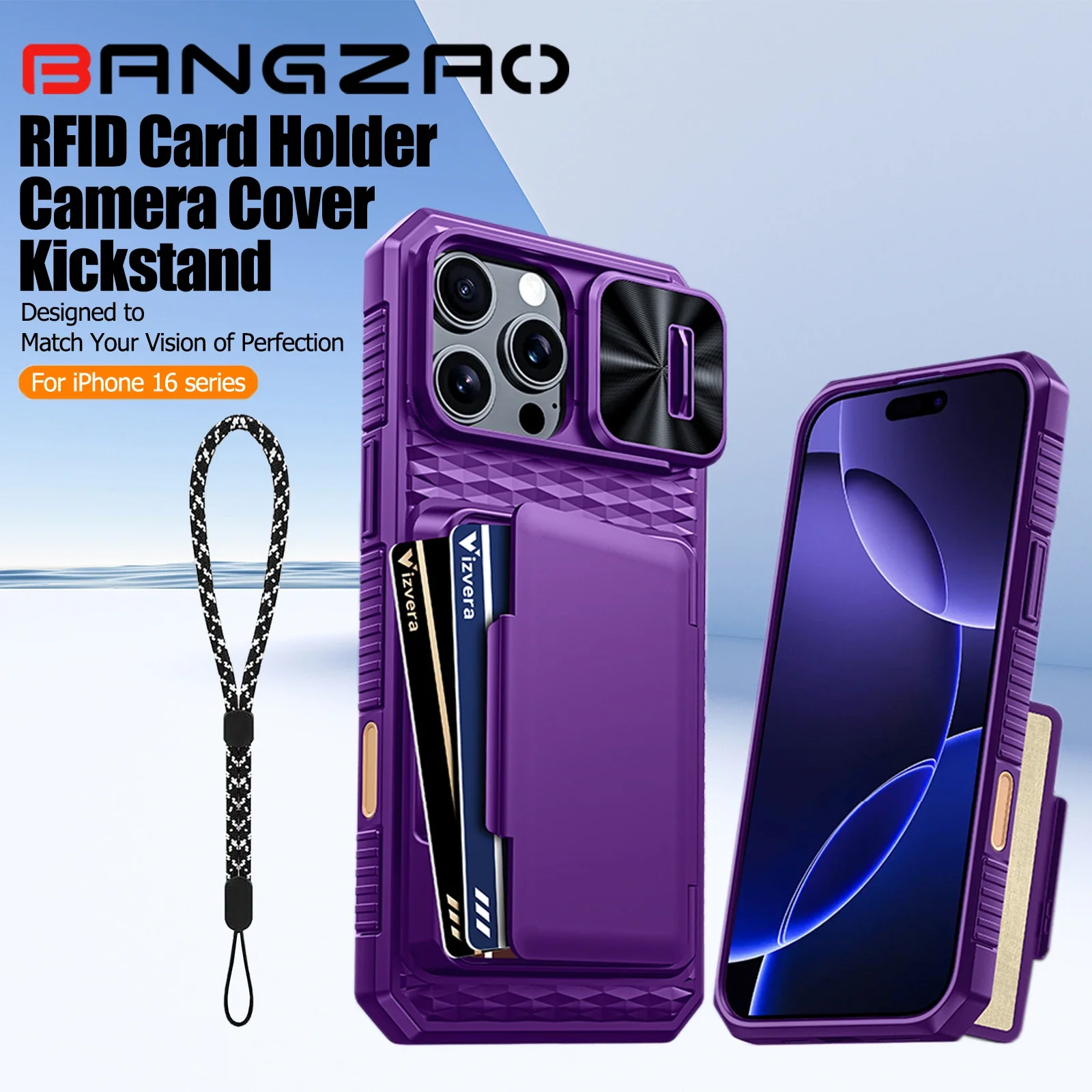 

Чехол для iPhone 16E/16 Pro Max, держатель для карт, чехол для камеры, прочный противоударный силиконовый защитный чехол для всего тела - фиолетовый