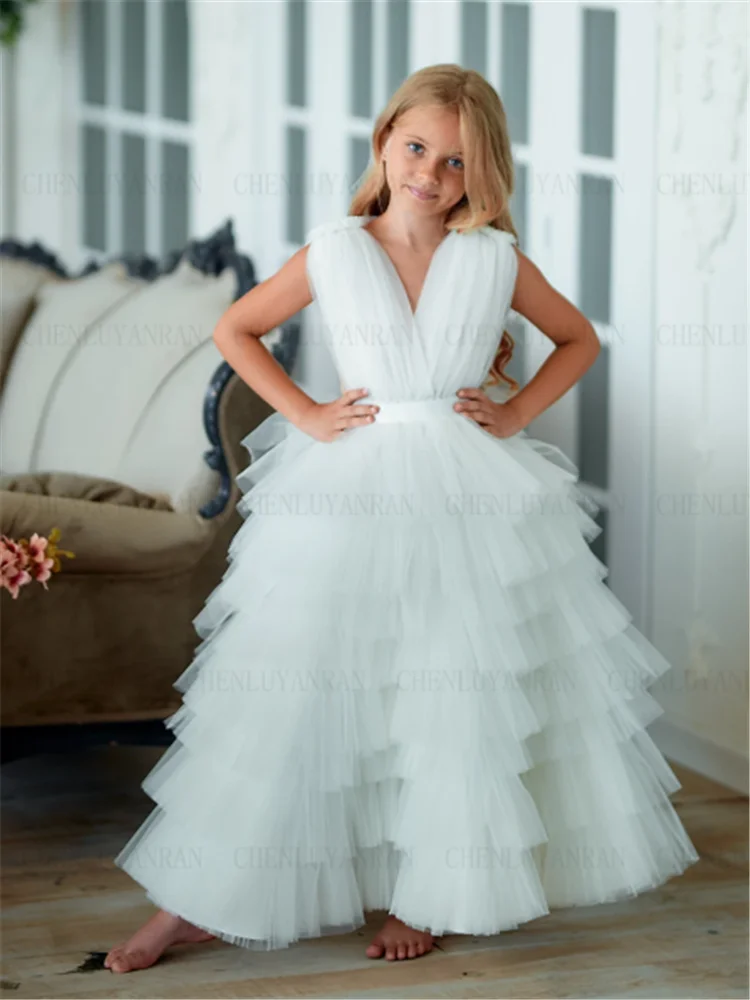 

Elegant Sleeveless White Tulle Lace Layered Flower Girl Dress Princess Ball First Communion Dresses Surprise Birthday Present