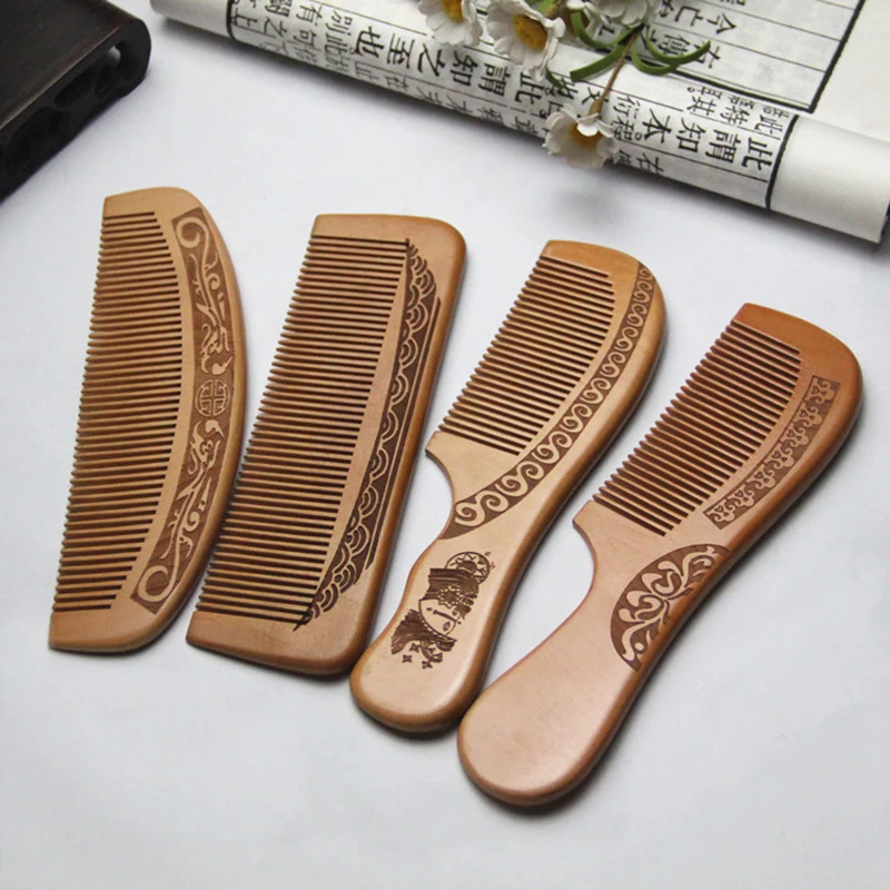 1Pcs Natural Peach Wood Comb Anti-static Engraved Comb Detangling Close Teeth Healthy Head Massage Hair Combs Hair Styling Tools